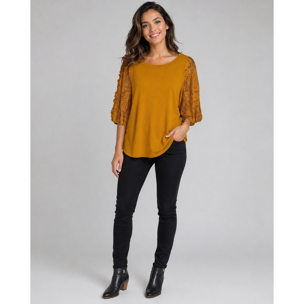 Anthropologie Top Womens S Marigold‎ Yellow Cotton Crochet Sleeves Boho Country